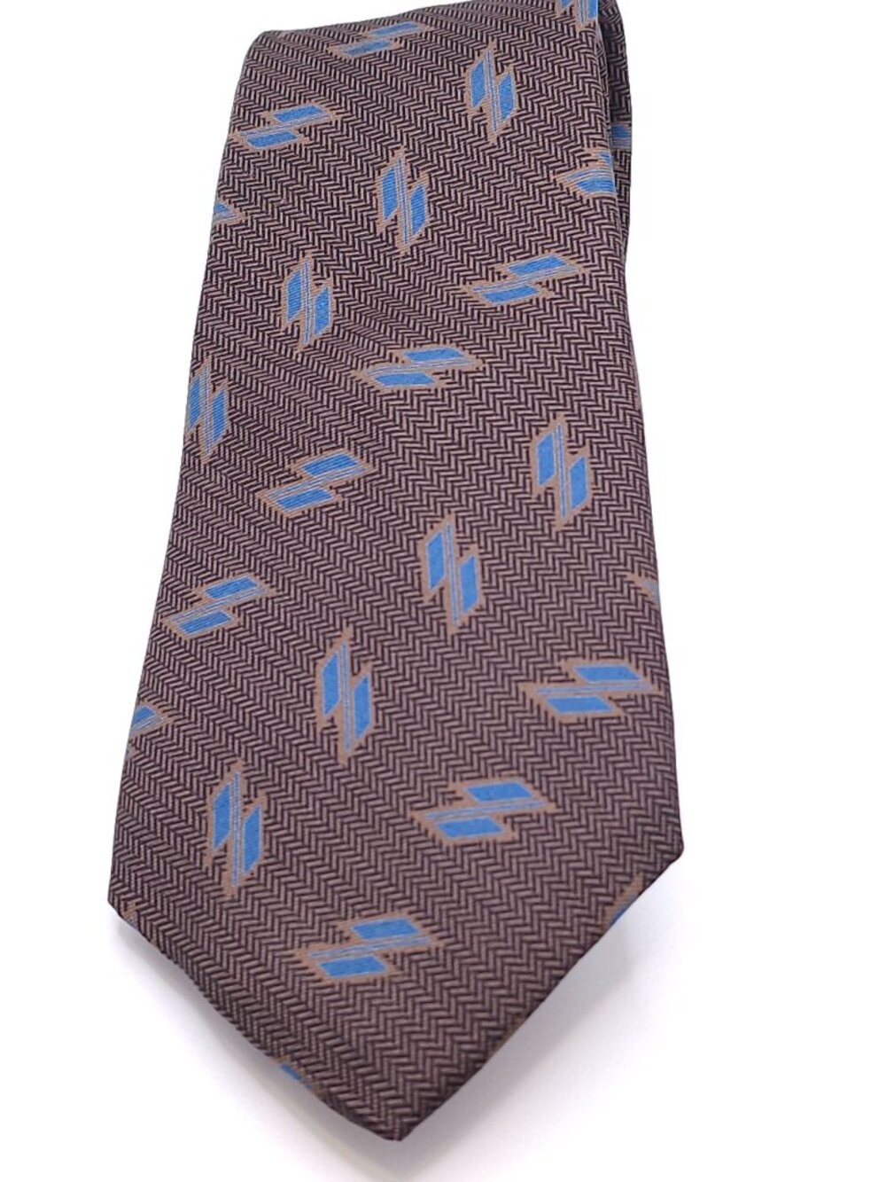 Yves Saint Laurent Silk Brown & Blue Geometric Patterned Tie